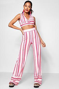 Boohoo El Stripe V Crop And Wide Leg Trouser Co-ord