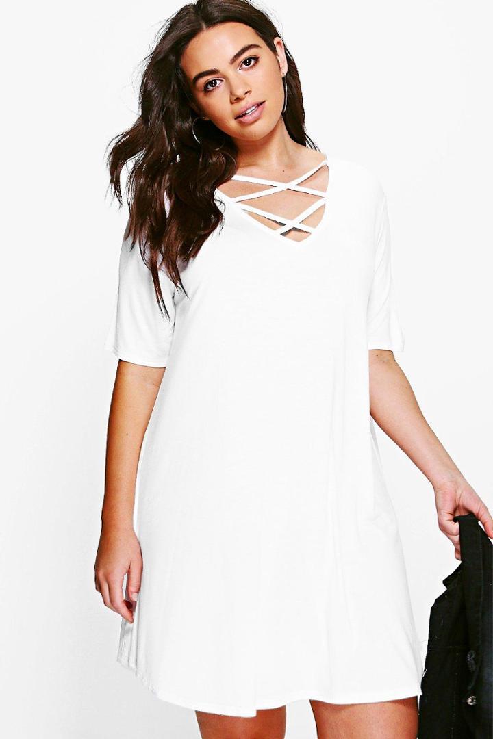 Boohoo Plus Laura Cross Front Swing Dress White