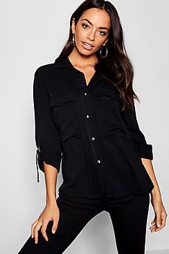 Boohoo Cargo Pocket Horn Button Utility Woven Shirt