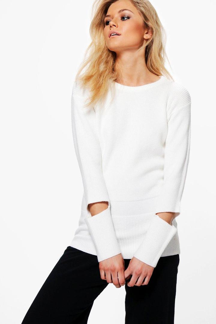 Boohoo Jasmine Cut Out Cuff Rib Knit Jumper Cream