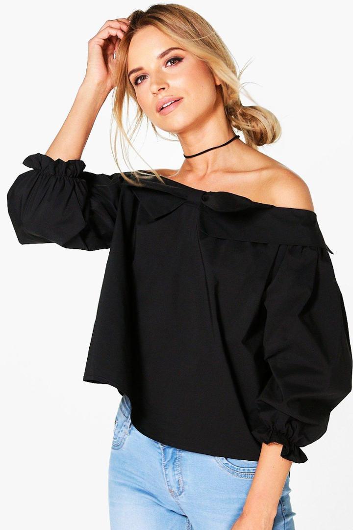 Boohoo Tia Bow Detail Long Sleeve Bardot Top Black