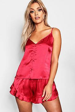 Boohoo Plus Button Down Cami Frill Hem Pyjamas