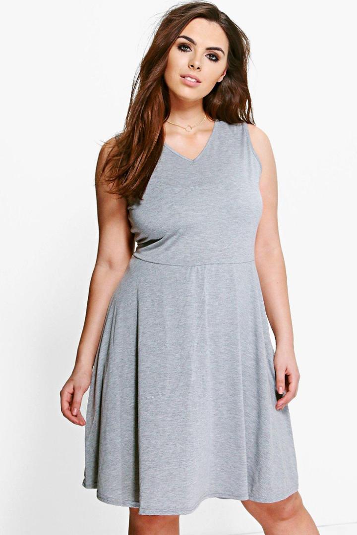 Boohoo Plus Gemma V Neck Skater Dress Grey