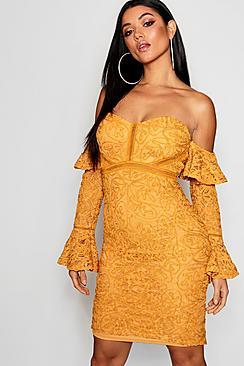 Boohoo Lace Off The Shoulder Frill Detail Midi Dress