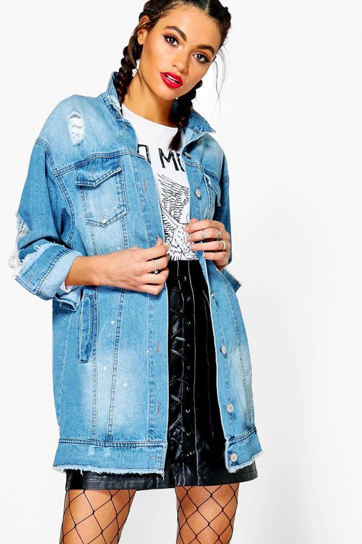 Boohoo Lia Paint Splatter Distress Long Line Jean Jacket Blue