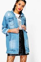 Boohoo Lia Paint Splatter Distress Long Line Jean Jacket Blue