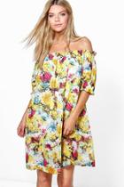 Boohoo Maisie Off The Shoulder Printed Dress Yellow
