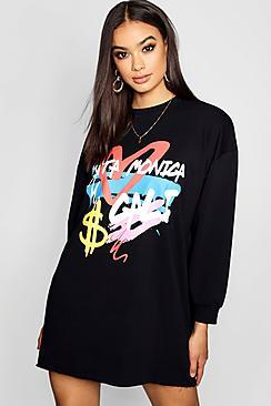 Boohoo Graffiti Oversized Sweat Dress