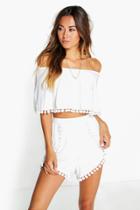 Boohoo Ruby Pom Pom Off The Shoulder Crop And Shorts Ivory