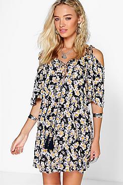 Boohoo Rachel Floral Lace Up Tassel Open Shoulder Dress