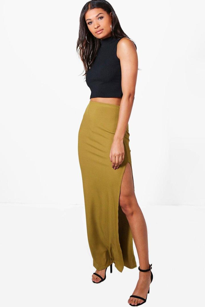 Boohoo Allegra Thigh Split Ribbed Maxi Skirt Olive