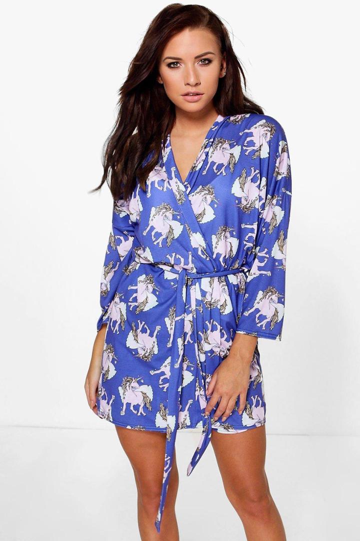 Boohoo Keira Rainbow Unicorn Print Dressing Gown Navy