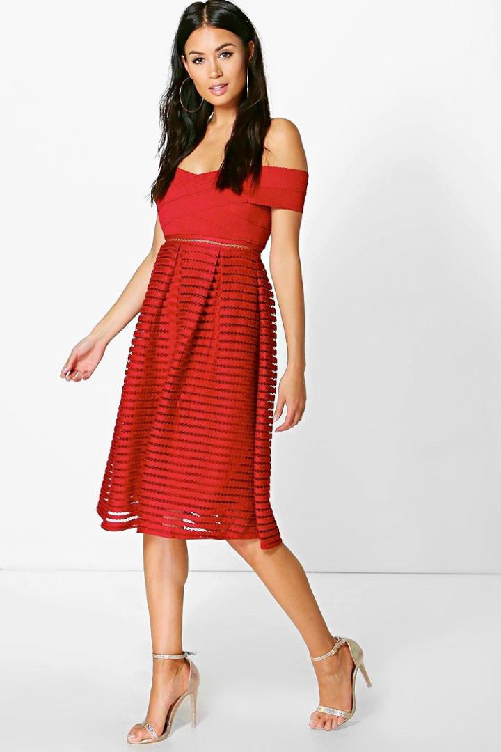 Boohoo Ellie Off Shoulder Panelled Midi Skater Dress Berry