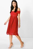 Boohoo Ellie Off Shoulder Panelled Midi Skater Dress Berry