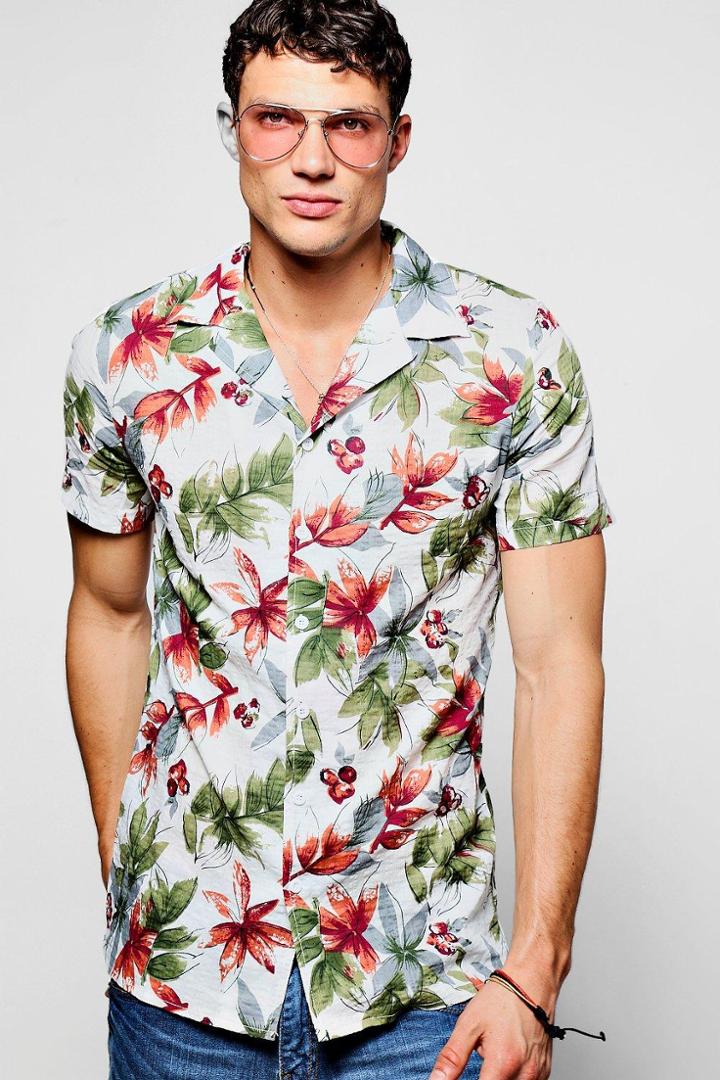 Boohoo Tropical Floral Print Short Sleeve Revere Shirt White