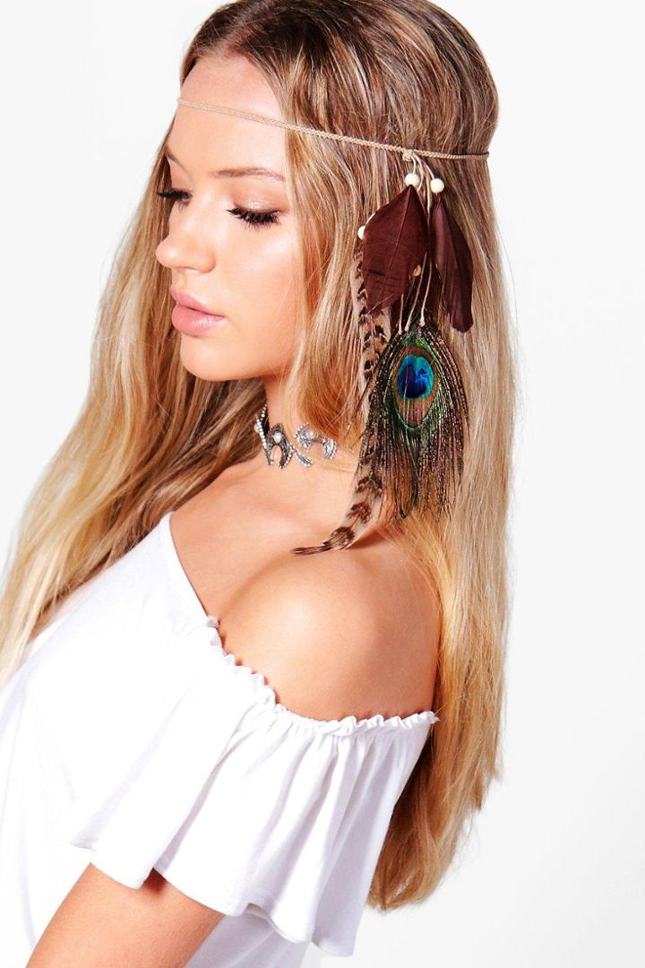 Boohoo Maya Multi Feather Hair Chain Brown