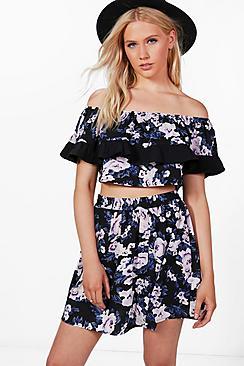 Boohoo Becky Floral Off Shoulder Crop & Skirt Co-ord Set