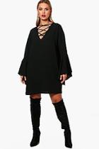 Boohoo Plus Lola Lace Up Front Flare Sleeve Dress