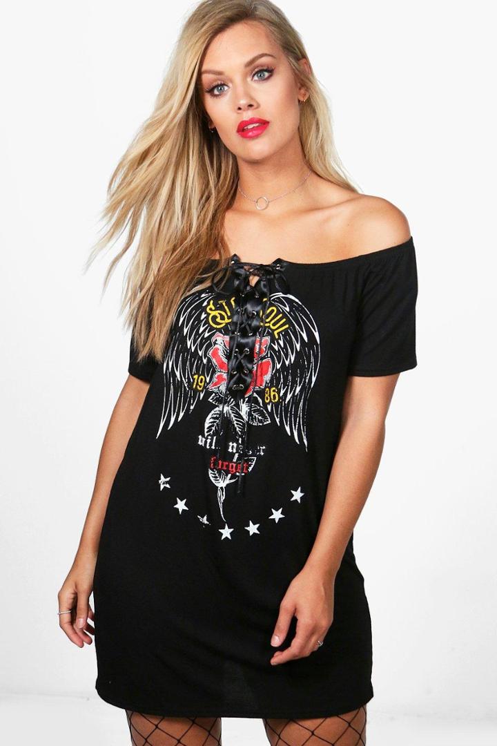 Boohoo Plus Emma Lace Up Off The Shoulder Band Dress Multi