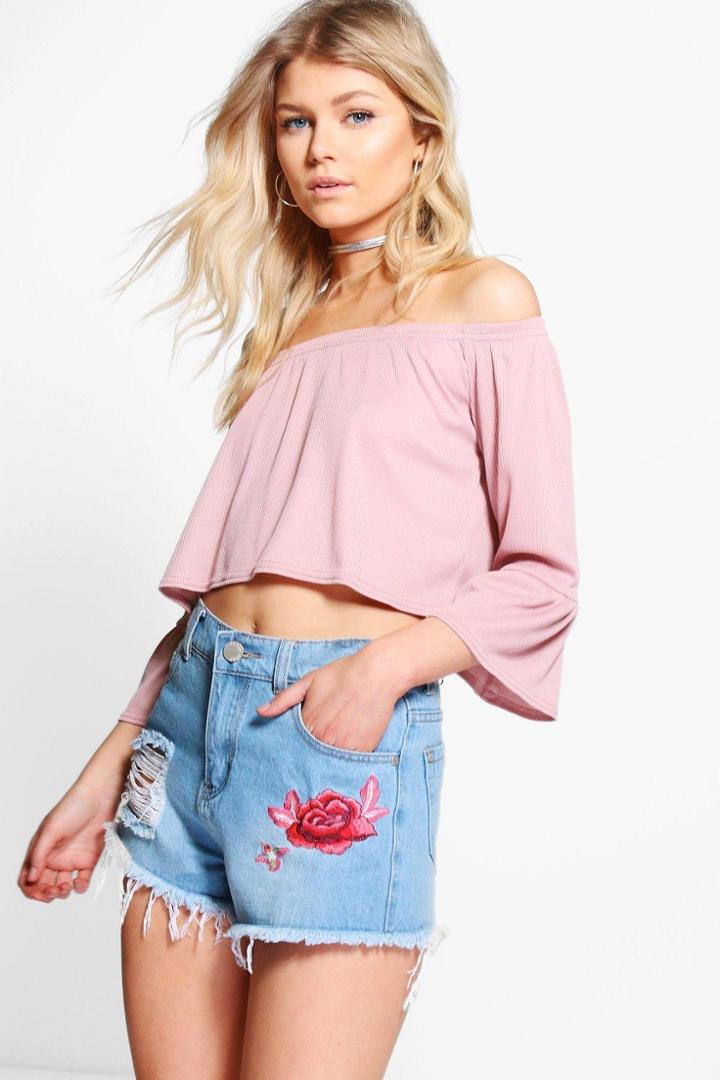 Boohoo Petite Georgia Rib Bardot Frill Sleeve Top Lotus