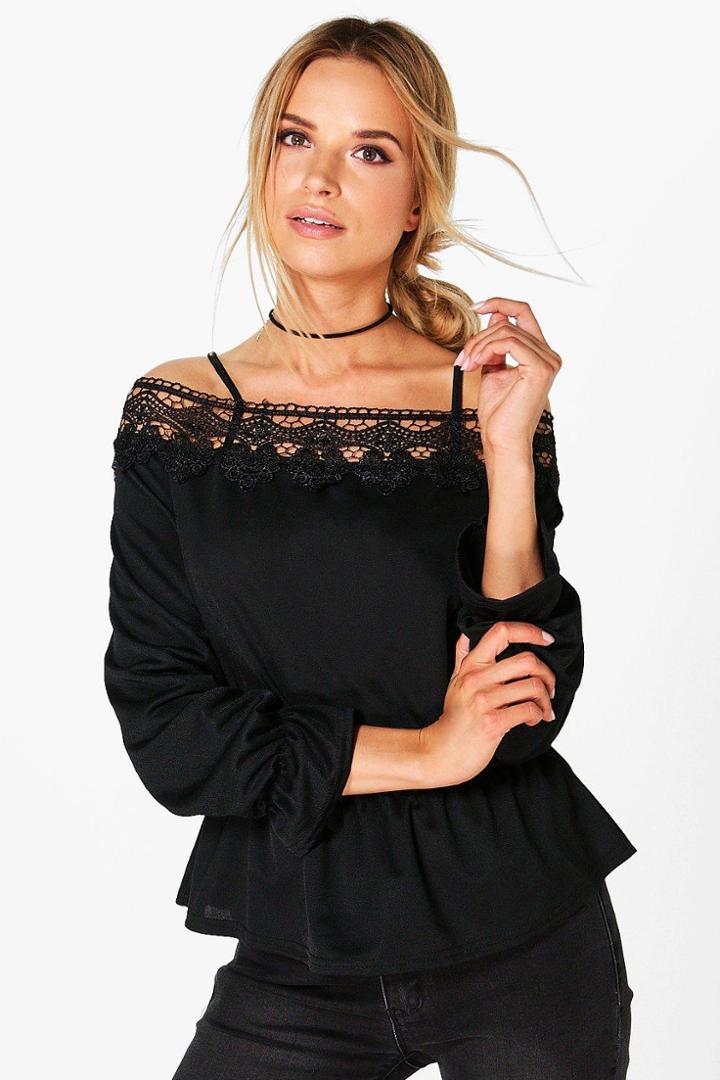 Boohoo Isla Crochet Trim Cold Shoulder Top Black