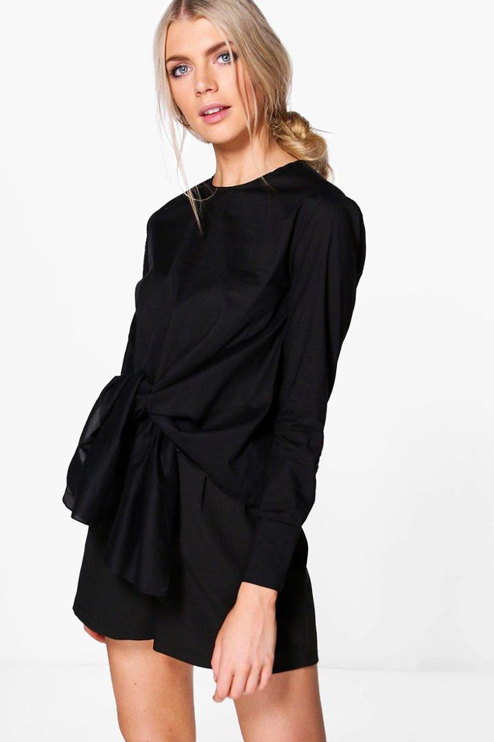 Boohoo Lydia Knot Front Long Sleeve Woven Shirt Black