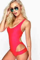 Boohoo Mauritius Cut Out Hip Open Back Bathing Suit Red
