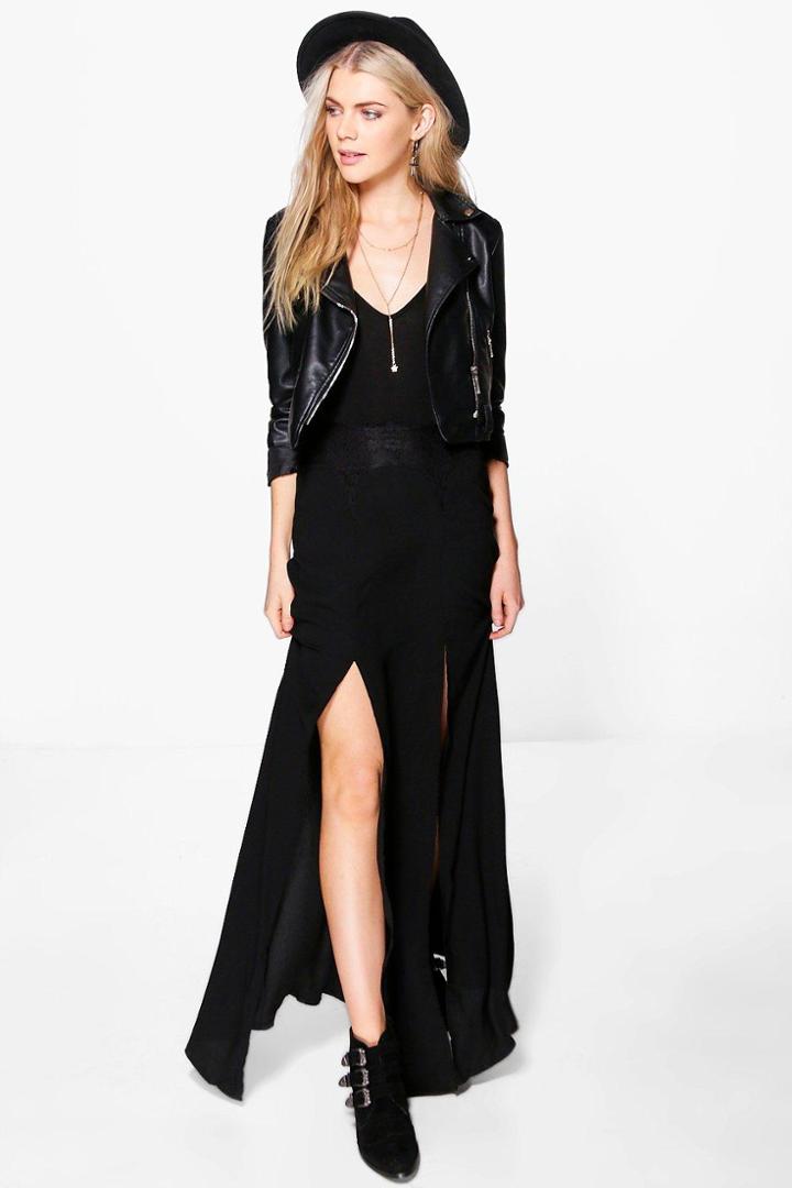 Boohoo Elisia Lace Detail Split Front Maxi Skirt Black