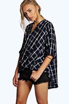Boohoo Darcy Grid Check Wrap Front 3/4 Sleeve Blouse