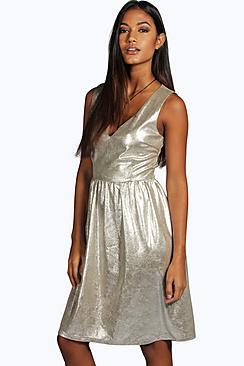 Boohoo Boutique Mia Metallic Open Back Skater Dress