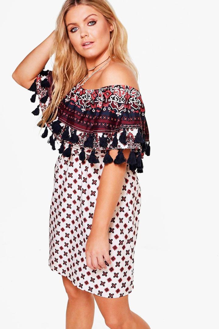 Boohoo Plus Hollie Pom Pom Trim Double Layer Shirt Dress Multi