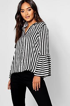 Boohoo Petite Stripe Bell Sleeve Shirt