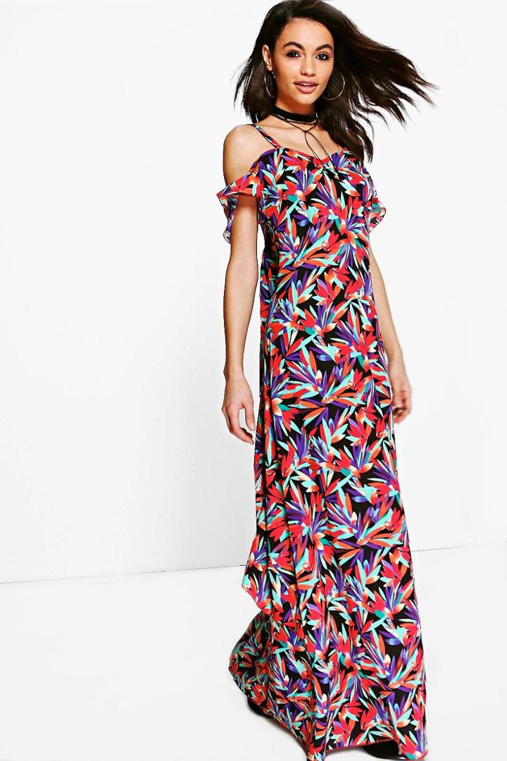 Boohoo Neve Tropicana Print Ruffle Back Maxi Dress Multi