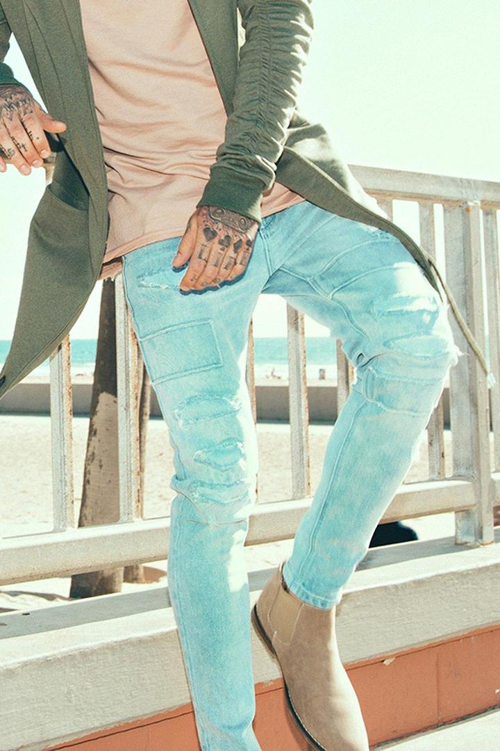 Boohoo Skinny Fit Jeans With Patchwork Rip And Repair Blue