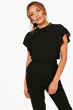 Boohoo Woven Frill Sleeve And Neck Blouse