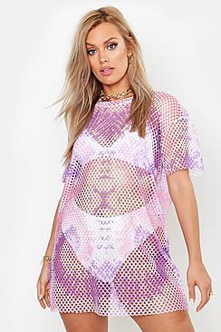 Boohoo Plus Pink Tie Dye Mesh T-shirt Dress