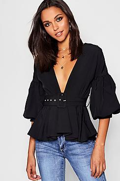 Boohoo Belted Pep Hem Tailored Top