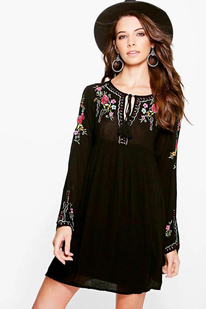 Boohoo Christina Floral Embroidered Smock Dress Black