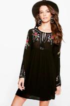 Boohoo Christina Floral Embroidered Smock Dress Black
