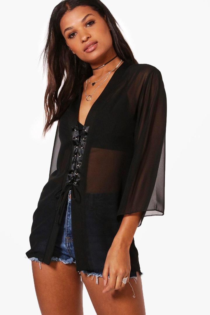 Boohoo Heather Lace Up Kimono Black