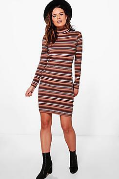 Boohoo Sabrina Roll Neck Stripe Midi Bodycon Dress