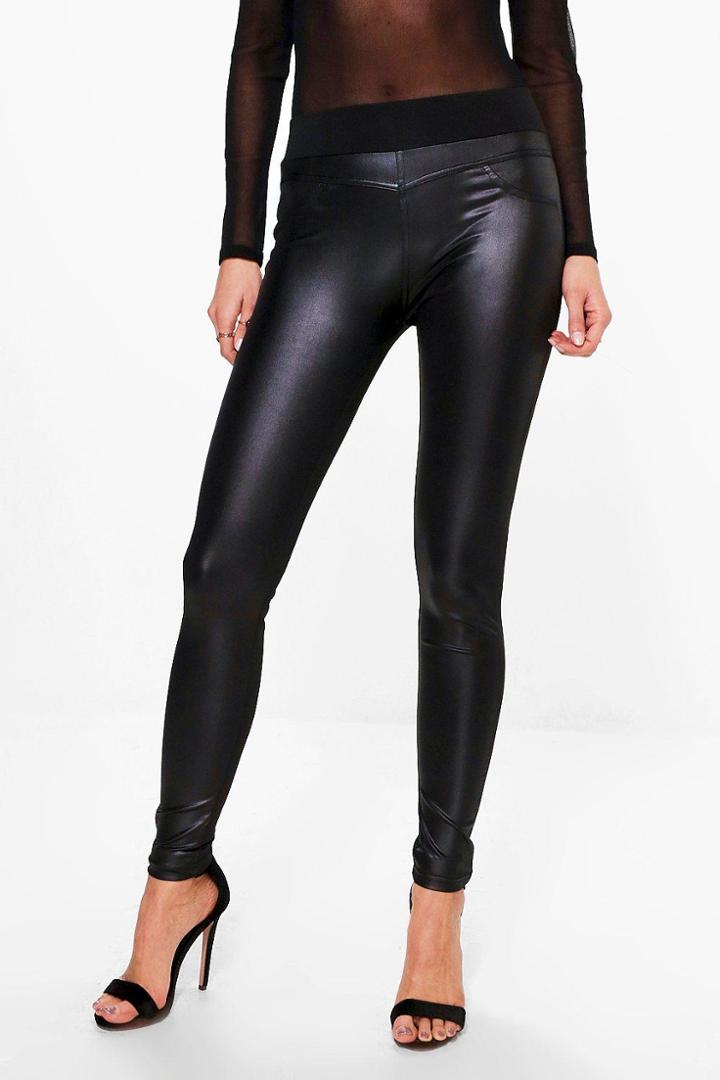 Boohoo Anja Leather Look Front Leggings Black