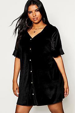 Boohoo Plus Button Detail Velvet Shift Dress