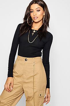 Boohoo Rib Round Neck Long Sleeve Top