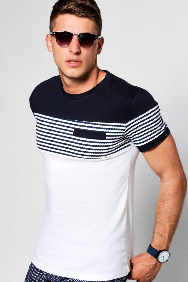 Boohoo Short Sleeve Crew Neck Contrast Panel T-shirt Navy
