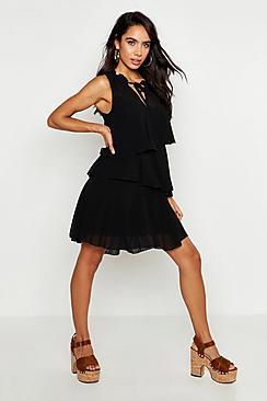 Boohoo Tie Neck Ruffle Swing Mini Dress