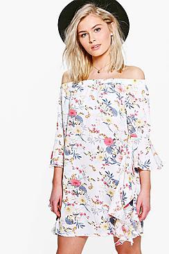 Boohoo Ria Floral Off Shoulder Waterfall Sleeve Shift Dress