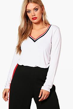 Boohoo Plus Lena Long Sleeve Rib Trim V Neck Tee