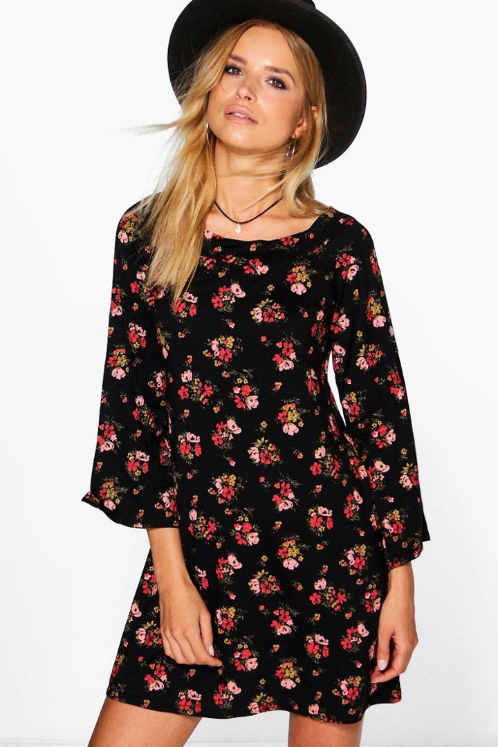 Boohoo Lorelai Floral Bardot Sleeved Shift Dress Black