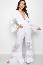 Boohoo Poppy Plunge Neck Lace Flared Beach Jumpsuit